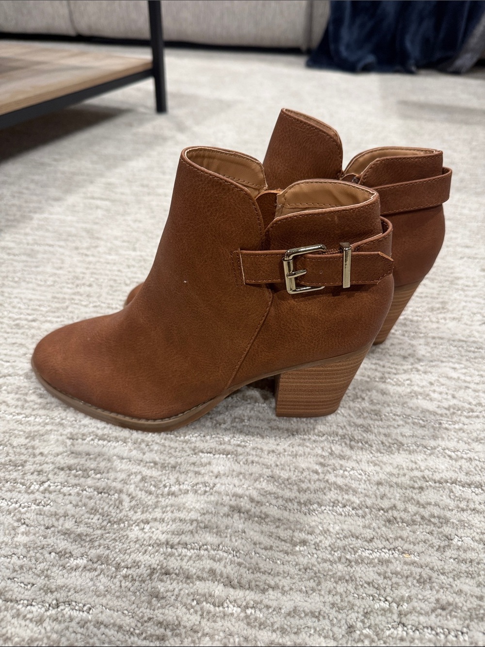 Express Tan Brown Suede-Look Ankle Booties with Buckle